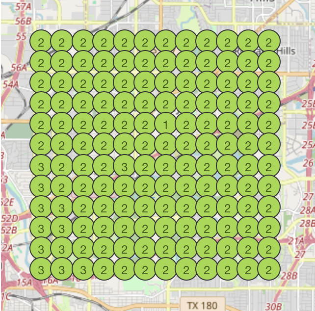 Geo-grid rank map showing top-3 rankings across the area